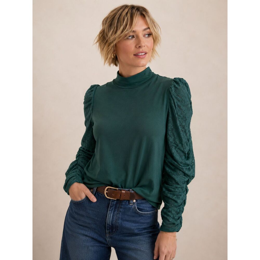 Maeve Anthropologie Top Women's M Green Mock Neck Lace Gathered Sleeve NWT #15